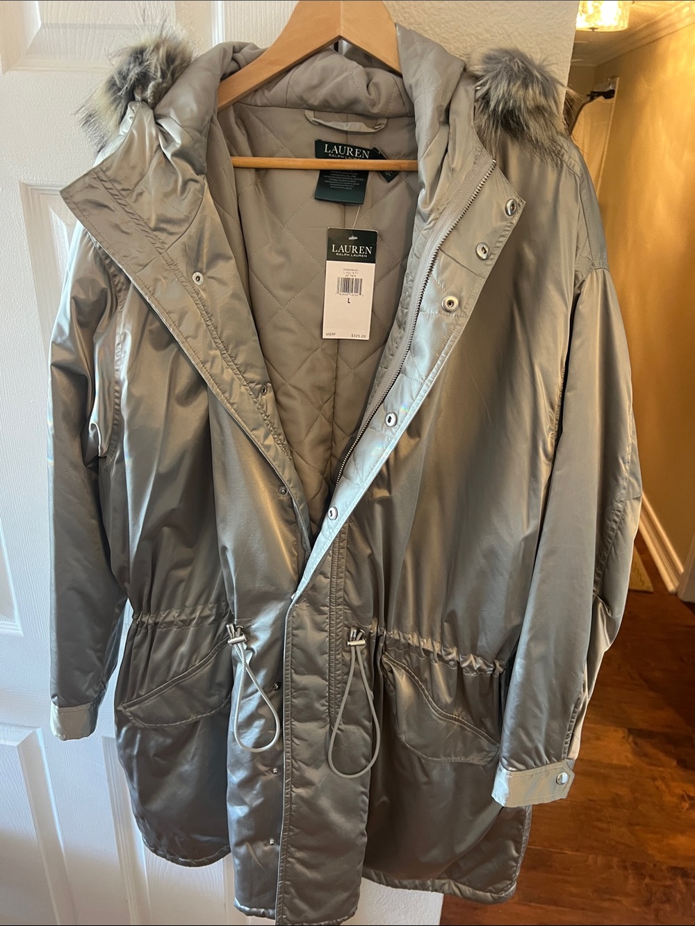 Lauren Ralph Lauren Metallic Silver Quilted Parka with Faux Fur Trim Size L
